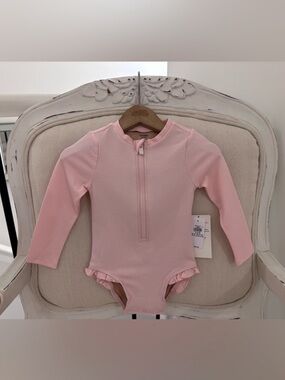 🩰 18~24 Mth Long-Sleeve Pink Ballet Baby One-Piece Swimsuit with Ruffle Trim NWT